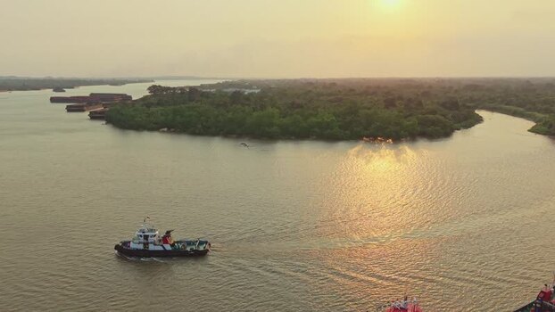 Aerial view of Delta Mahakam with a tugboat in Indonesia.