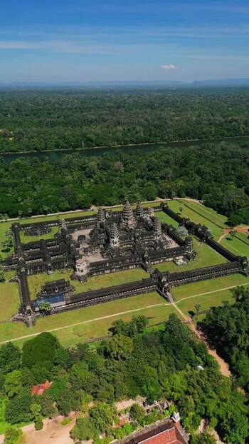 Aerial view of Angkor Wat temple complex in Cambodia.