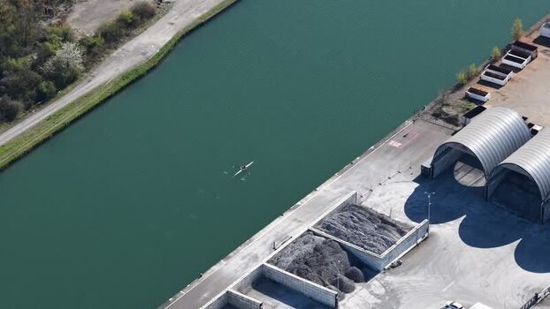 Aerial view of canal with boat France.