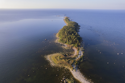 Aerial view of Kuradi saar a narrow forested island extending into the Baltic Sea with rocky shores and clear water in Kasmu Laane Viru County Estonia.