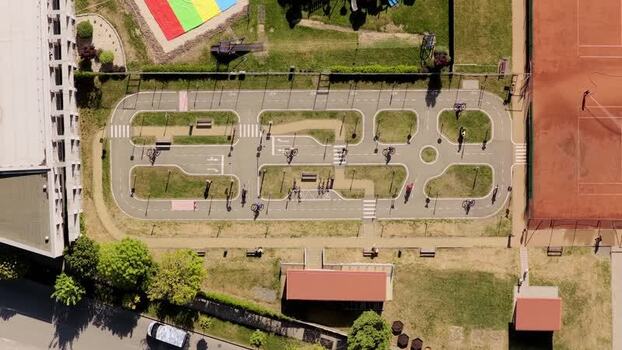 Aerial view of a traffic playground with cyclists Czechia.