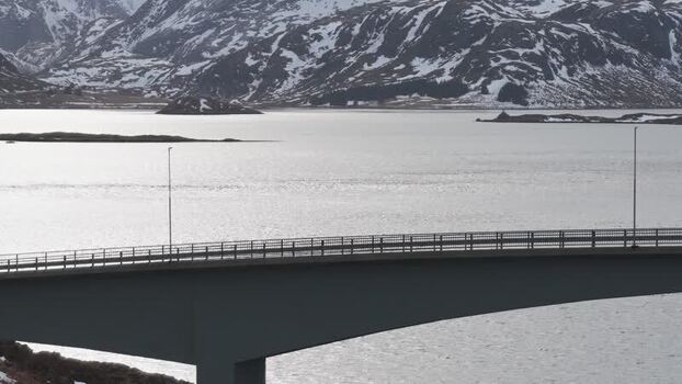 Aerial view of Flakstadbruene bridge Norway.