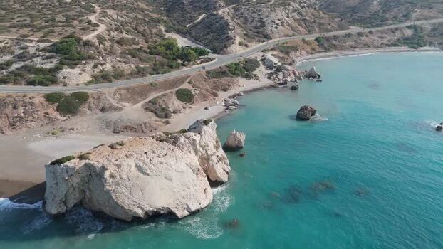 Aerial view of Aphrodite s Rock and coastline in Paphos Cyprus.