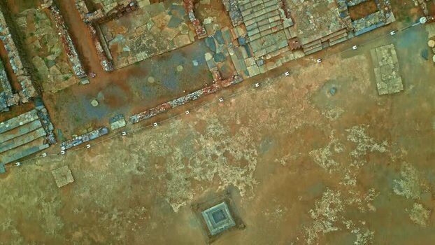 Aerial view of ancient stone ruins in Crete Greece.