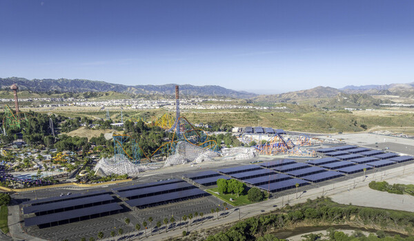 Los Angeles County United States 08 April 2026 Aerial view of Six Flags Magic Mountain amusement park with roller coasters and solar panel parking lots. Los Angeles County United States 08 April 2026 Aerial view of Six Flags Magic Mountain amusement park with roller coasters and solar panel parking lots.