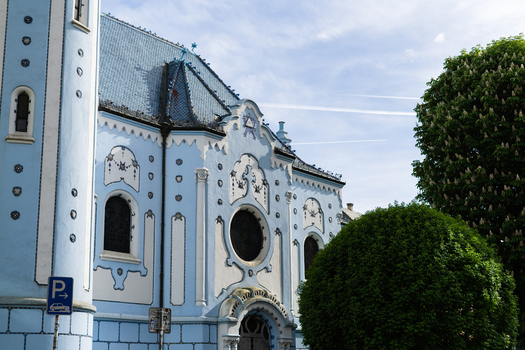View of the Blue Church with its Art Nouveau facade and light blue walls under a bright sky Bratislava Bratislava Region Slovakia. View of the Blue Church with its Art Nouveau facade and light blue walls under a bright sky Bratislava Bratislava Region Slovakia.