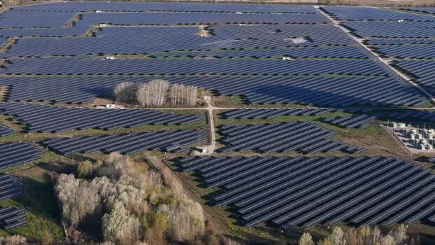 Aerial view of solar park Italy.