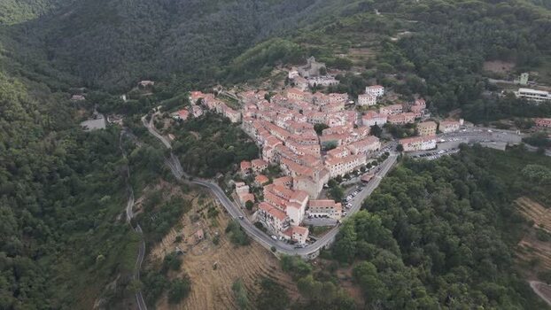 Aerial View of Marciana a small town on the hilltop Elba Island Italy.