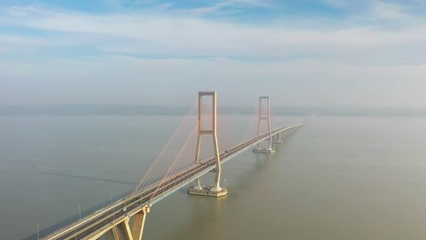 Aerial view of Suramadu Bridge in Indonesia.