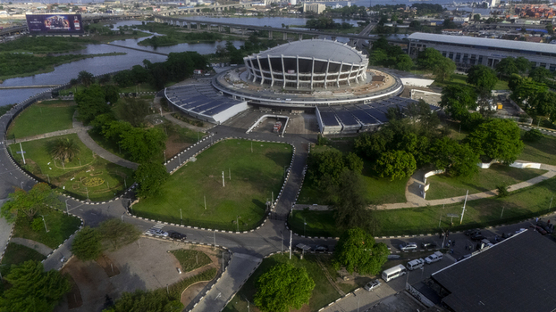 Aerial view of the Wole Soyinka Centre for Culture and Creative Arts National Theatre Nigeria with its unique architecture and green parkland in Lagos Lagos Nigeria. Aerial view of the Wole Soyinka Centre for Culture and Creative Arts National Theatre Nigeria with its unique architecture and green parkland in Lagos Lagos Nigeria.