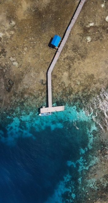 Aerial view of a wooden pier with a blue roofed structure and a small boat extending into the turquoise waters of Raja Ampat Regency Southwest Papua Indonesia.