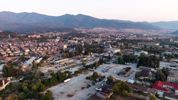 Aerial view of Velingrad town and surrounding mountains Bulgaria.