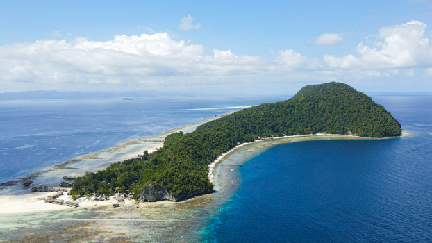 Aerial view of the lush tropical island of Raja Ampat surrounded by turquoise waters coral reefs and white sandy beaches in Raja Ampat Southwest Papua Indonesia.