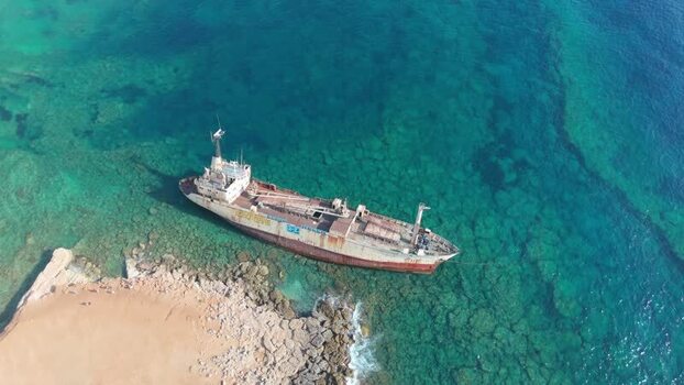 Aerial view of Edro III shipwreck in Peyia Cyprus.