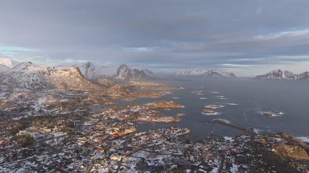 Aerial view of Lofoten coastal town in winter Norway.
