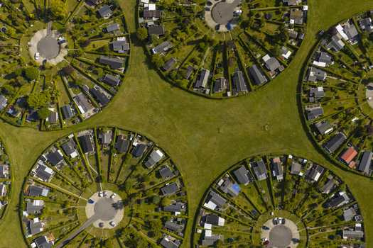 Aerial view of the unique circular garden communities with green hedges and small houses in Brondby Denmark. Aerial view of the unique circular garden communities with green hedges and small houses in Brondby Denmark.