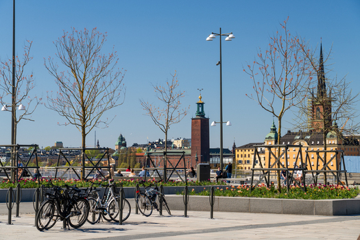 Stockholm Sweden 02 May 2026 View of Sodermalmstorg with bicycles parked near young trees and the iconic City Hall tower in the background under a clear blue sky. Stockholm Sweden 02 May 2026 View of Sodermalmstorg with bicycles parked near young trees and the iconic City Hall tower in the background under a clear blue sky.