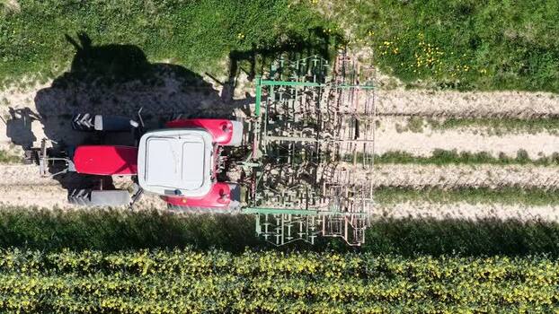 Aerial view of tractor on a farm France.