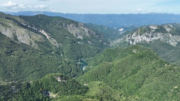 Aerial view of Monte Freddone and the Apuan Alps Italy.