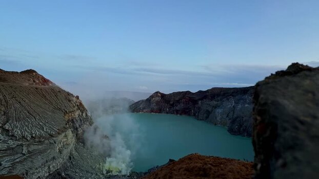 View of the turquoise Ijen Crater Lake Indonesia.