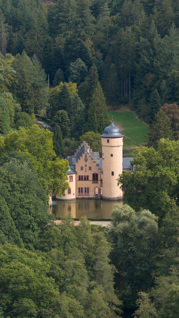 Aerial view of Schloss Mespelbrunn surrounded by dense green forest and a calm moat in Mespelbrunn Bayern Germany.