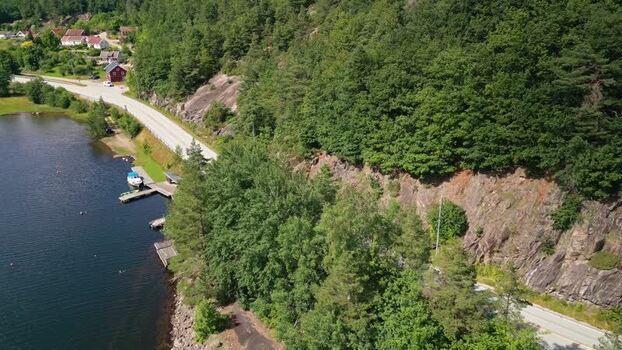 Aerial view of Sogne coastal road in Kristiansand Norway.