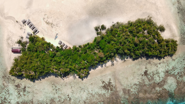 Aerial view of Raja Ampat island with lush vegetation white sand beaches and small huts surrounded by turquoise water and coral reefs in Raja Ampat Southwest Papua Indonesia.