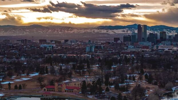 Aerial view of Denver skyline at sunset United States.