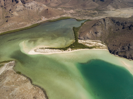 Aerial view of Balandra beach with its turquoise waters sandy shoreline and surrounding arid hills in La Paz Baja California Sur Mexico. Aerial view of Balandra beach with its turquoise waters sandy shoreline and surrounding arid hills in La Paz Baja California Sur Mexico.