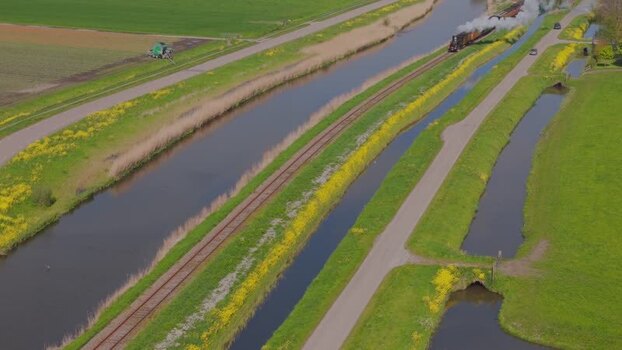 Aerial view of Museum Hoorn Medemblik steam train Netherlands.