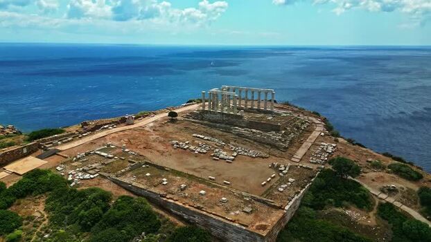 Aerial view of Temple of Poseidon ruins in Sounion Greece.