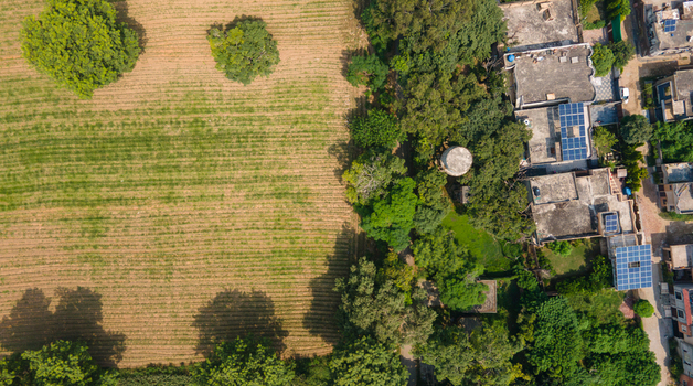 Lahore Pakistan 08 September 2026 Aerial view of a residential area featuring rooftops with solar panels lush green trees and an adjacent agricultural field.