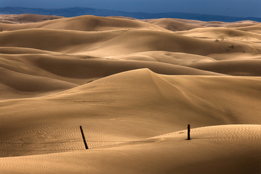 Aerial view of the vast desert landscape with rolling sand dunes textured sand patterns and wooden fence posts in Senek Mangystau Region Kazakhstan.