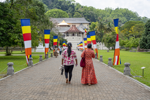 Kandy Sri Lanka 27 April 2026 View of Sri Dalada Maligawa with people walking along a paved path lined with colorful Buddhist flags in a lush garden setting. Kandy Sri Lanka 27 April 2026 View of Sri Dalada Maligawa with people walking along a paved path lined with colorful Buddhist flags in a lush garden setting.
