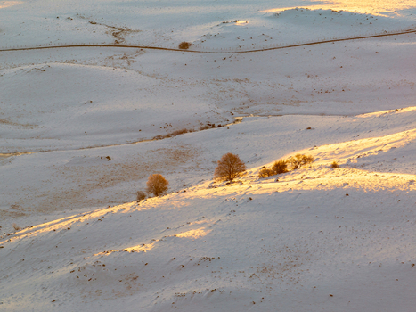 Aerial view of a serene winter landscape where the snow covered terrain is kissed by the golden hues of the setting sun Nasbinals Occitanie France.