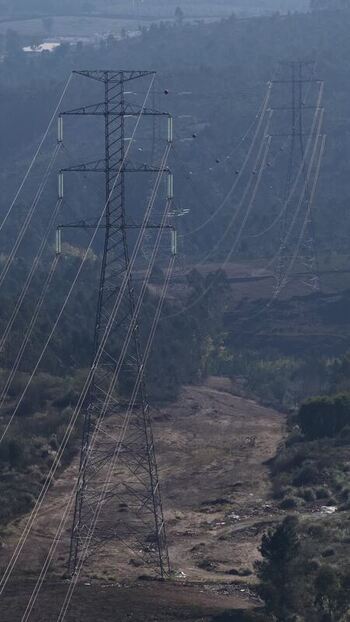 Aerial view of electricity pylons and electricity lines through a eucalyptus plantation Portugal.