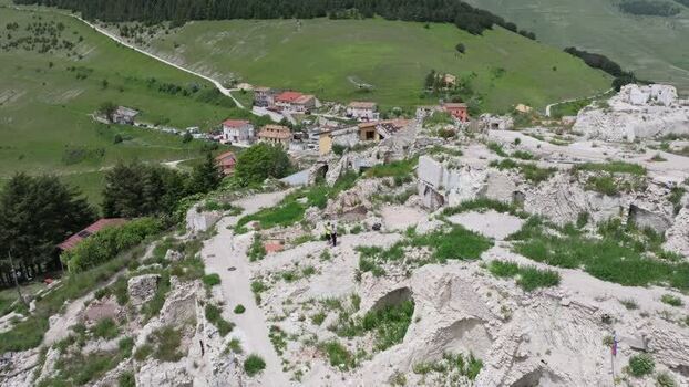 Aerial view of Castelluccio ruins in Umbria Italy.