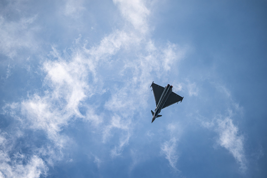Berlin Berlin Germany 13 June 2026 View of a Eurofighter Typhoon jet performing an aerial display at the ILA Berlin Air Show against a blue sky with scattered clouds. Berlin Berlin Germany 13 June 2026 View of a Eurofighter Typhoon jet performing an aerial display at the ILA Berlin Air Show against a blue sky with scattered clouds.