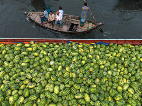 Dhaka Bangladesh 04 April 2026 Aerial view of a boat laden with watermelons its green and yellow hues contrasting with the dark water as passengers observe the vibrant harvest. Dhaka Bangladesh 04 April 2026 Aerial view of a boat laden with watermelons its green and yellow hues contrasting with the dark water as passengers observe the vibrant harvest.