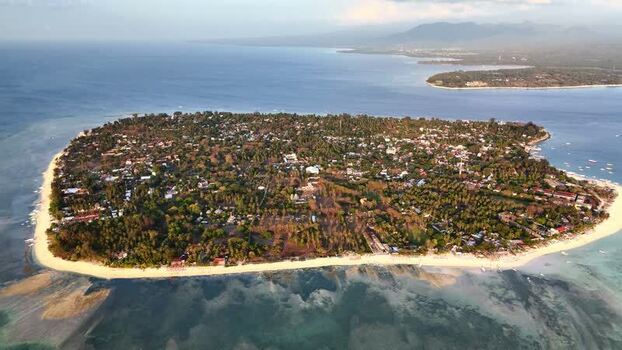 Aerial view of Gili Air island and beaches in Indonesia.