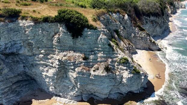 Aerial view of white cliffs and beach in Byala Bulgaria.