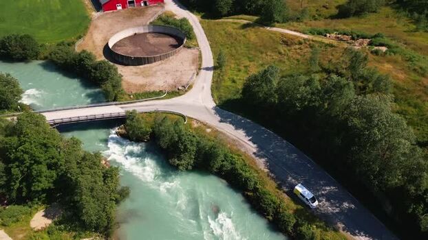 Aerial view of Stardalen river and bridge in Sunnfjord Norway.
