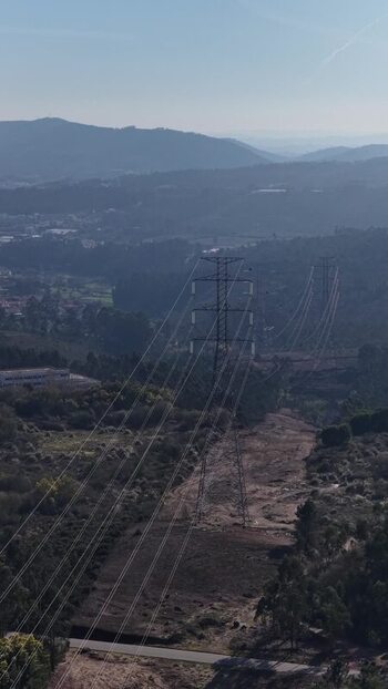 Aerial view of power lines over landscape Portugal.