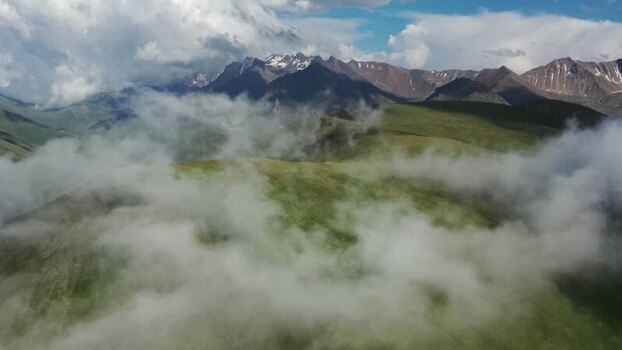 Aerial view of Caucasus Mountains and Mount Elbrus Russia.