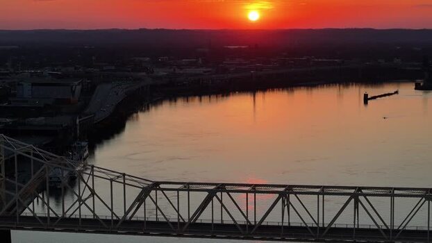 Aerial view of a bridge over the Ohio River at sunset United States. Aerial view of a bridge over the Ohio River at sunset United States.