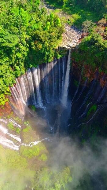 Aerial view of Tumpak Sewu Waterfall Indonesia.