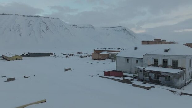 Aerial view of Pyramiden ghost town Svalbard and Jan Mayen.