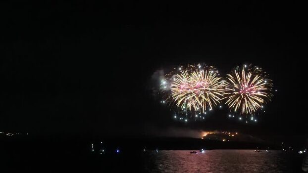 View of Ifestia volcano eruption fireworks display in Fira Greece. View of Ifestia volcano eruption fireworks display in Fira Greece.