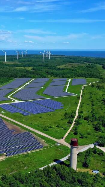 Aerial view of solar farm and wind turbines in Estonia. Aerial view of solar farm and wind turbines in Estonia.