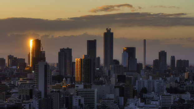 Aerial view of the city s skyscrapers silhouetted against the warm golden glow of the setting sun creating a stunning contrast of light and shadow Bunkyo City Tokyo Japan. Aerial view of the city s skyscrapers silhouetted against the warm golden glow of the setting sun creating a stunning contrast of light and shadow Bunkyo City Tokyo Japan.